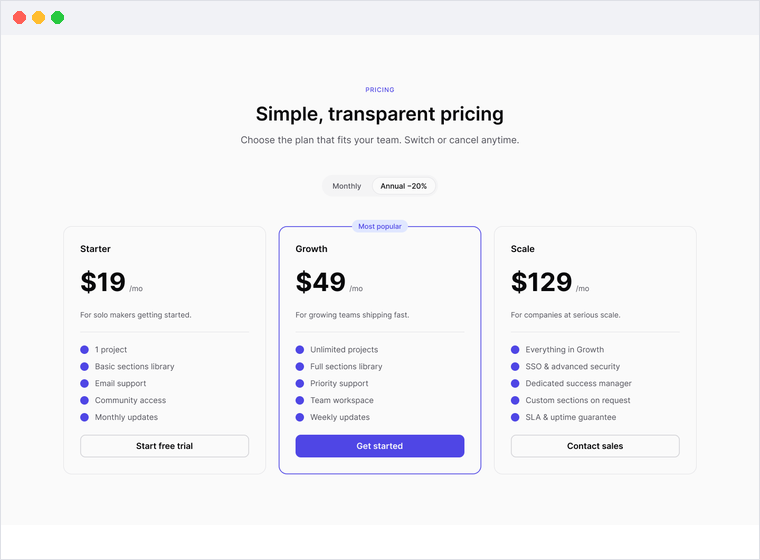 Figma pricing section templates